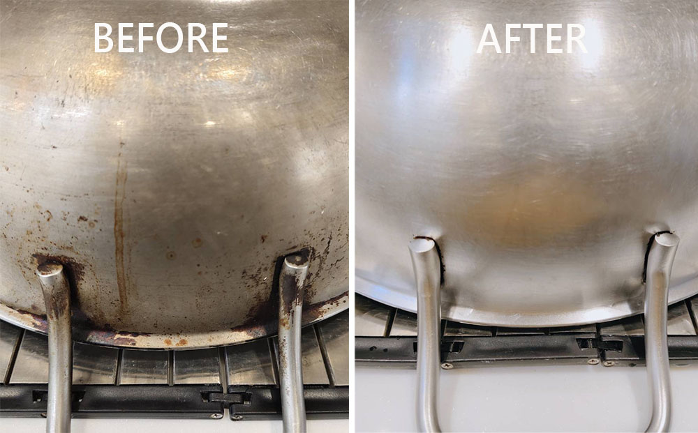 不鏽鋼鍋用過碳酸鈉對付陳年老頑固焦垢刷洗，前後對比